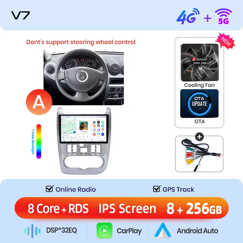 Junsun draadloze CarPlay Android Auto autoradio voor Dacia / Renault Logan 1 & Sandero 1 & Duster 1 2004-2015 met ingebouwde koelventilator, Android GPS navigatie, multimediaspeler, WiFi, DSP, RDS,