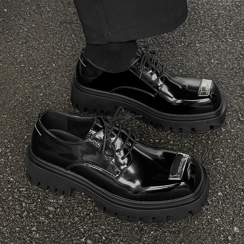 

Trendy thick soled men's leather shoes Luxury designer style Leisure Party Outdoor Black height increasing shoe 38-46 Metal