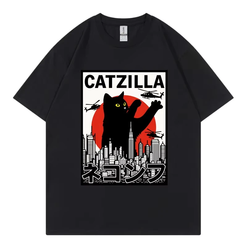Catzilla Funny Cat Attack Graphic T Shirts Harajuku Japanese Manga Short Sleeve T-shirts Men Women Casual Fashion Loose T-shirt