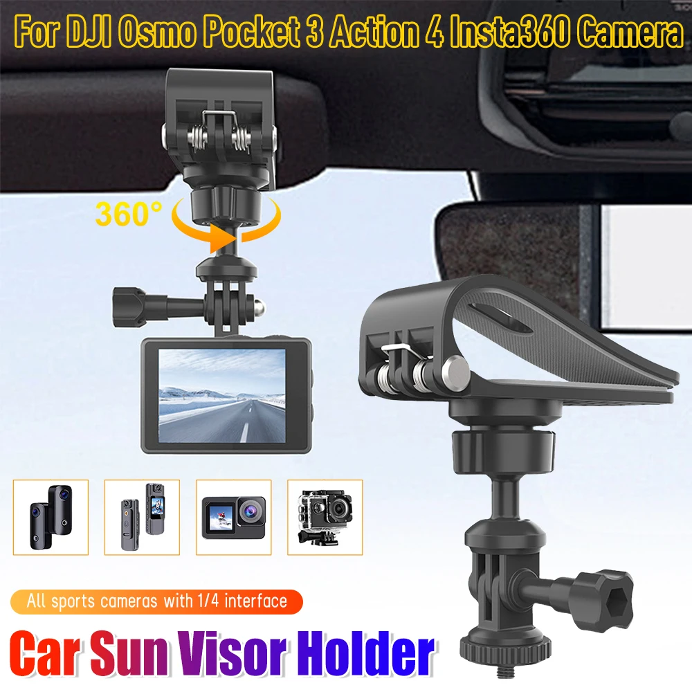 Car Sun Visor Action Camera Mount Bracket 1/4 Inch Adjustment Car Sun Visor Camera Mount for Osmo Pocket 3 Action 4 Insta360 X3