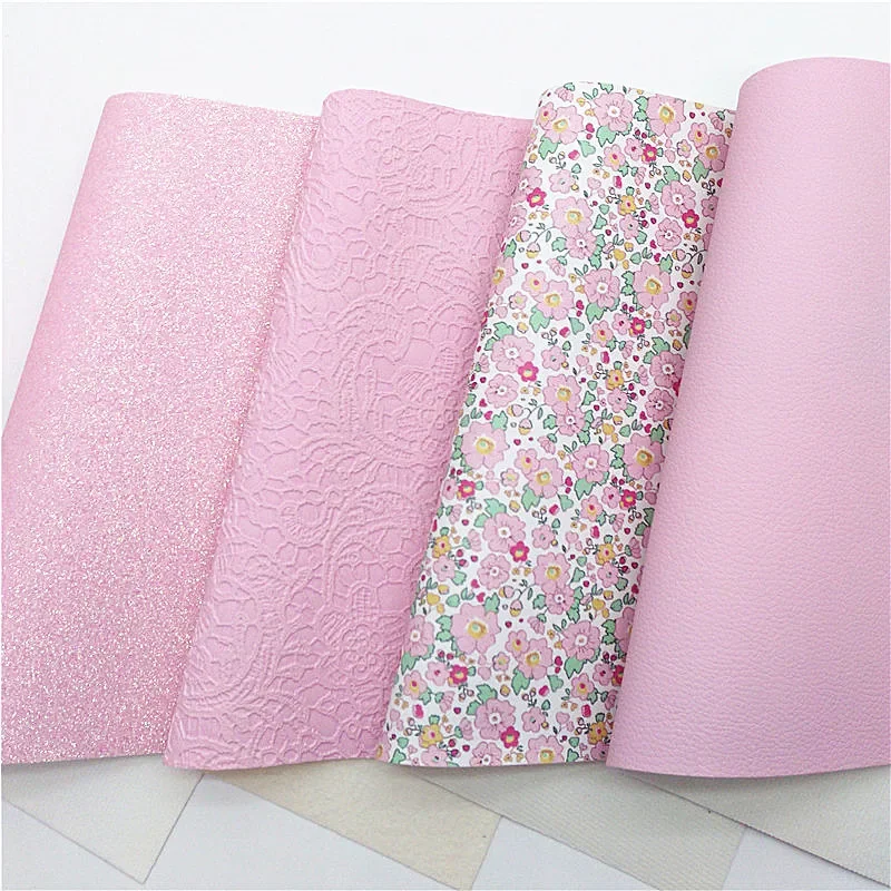 Pink Fine Glitter Leather Lace Embossed Faux Vinyl Flowers Printed Synthetic Leather Litchi Faux Fabric For Bow DIY 21x29CM Q617