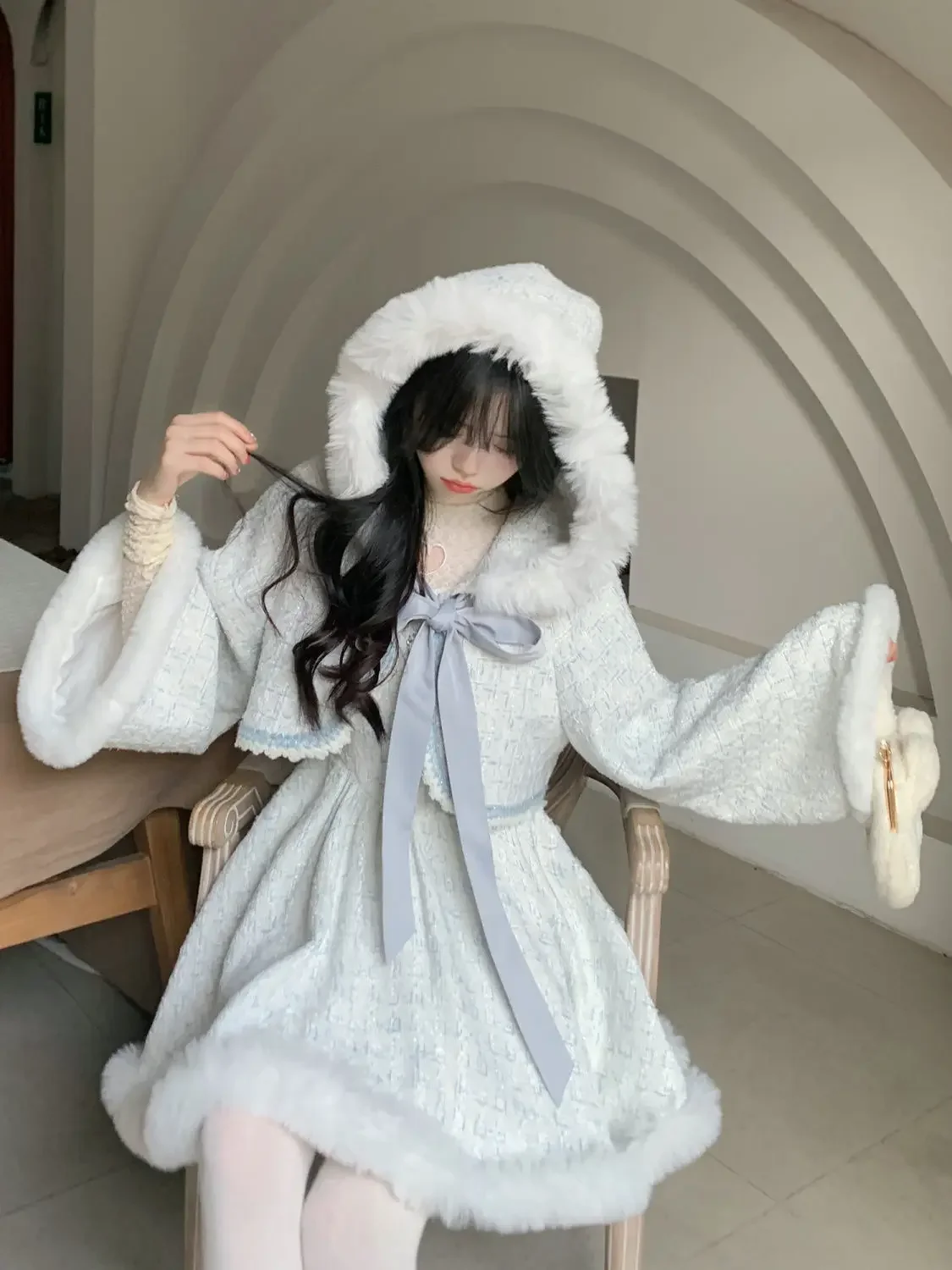 Coalfell Autumn Winter Light Blue Elegant Dress Plush Set Bow Cloak Lace Up Coat+Suspended One Piece Dress Fluffy Skirt Women