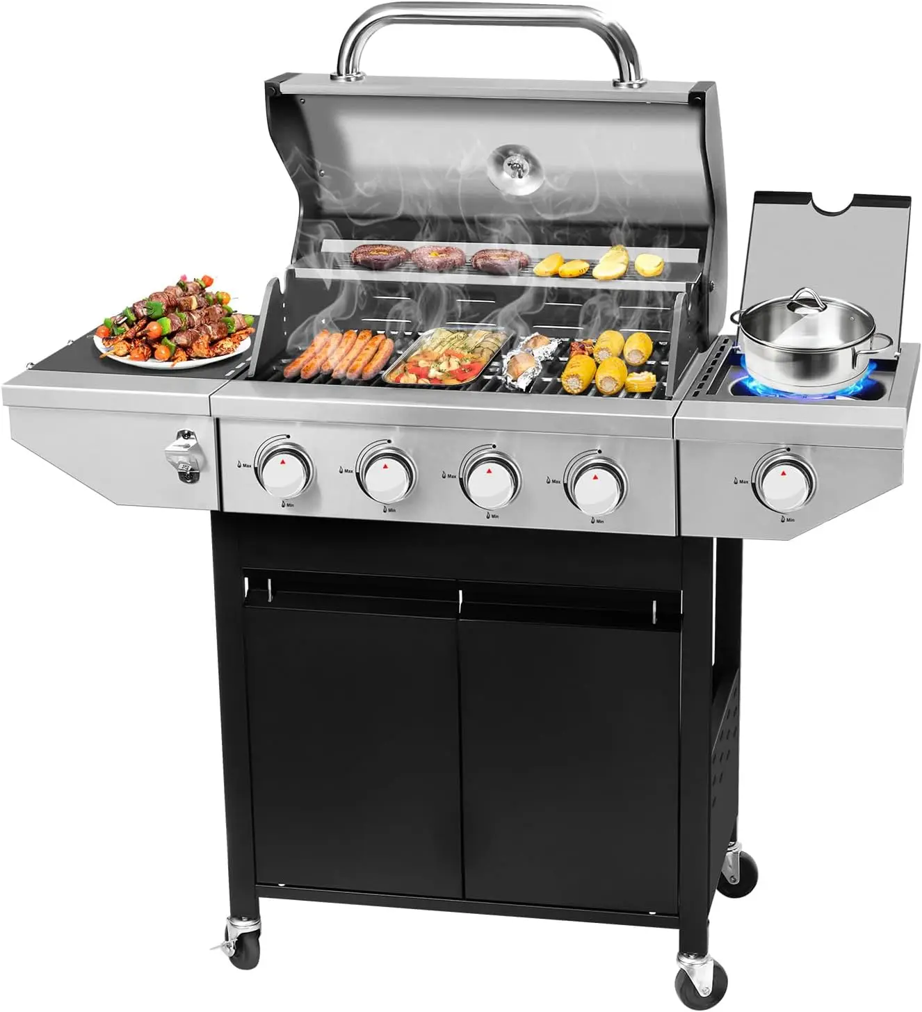 4-Burner Propane Gas BBQ Grill with Side Burner & Porcelain-Enameled Cast Iron Grates Built-in Thermometer, 47,000 BTU O