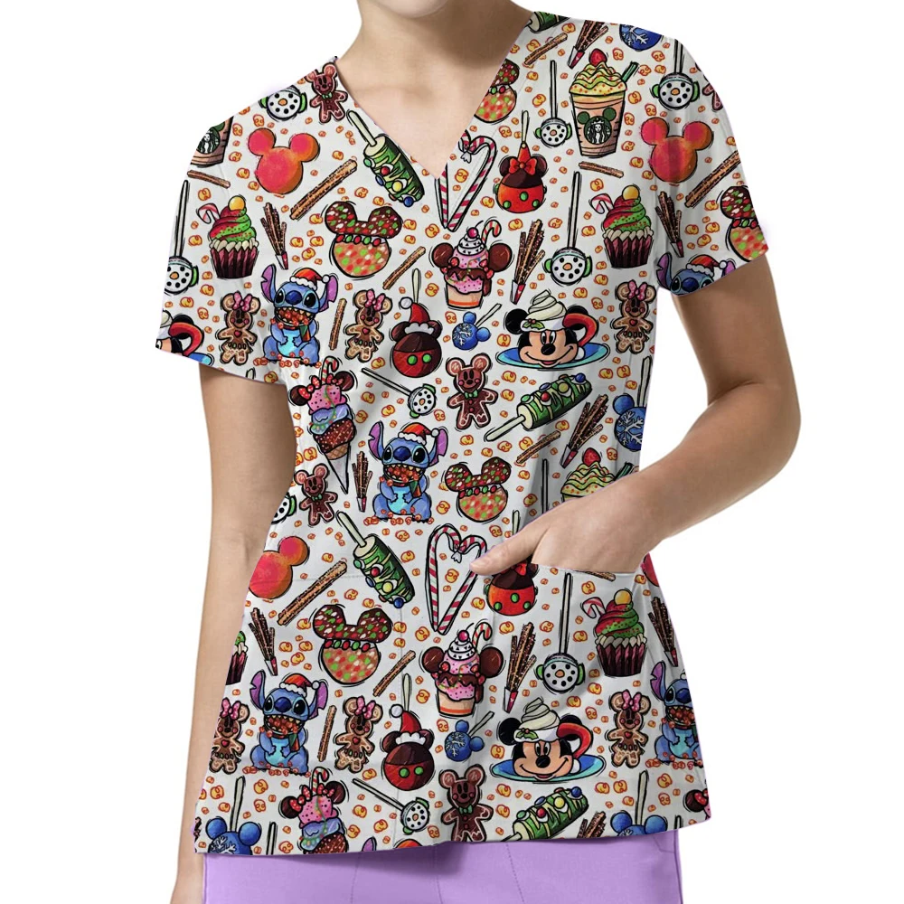 

T-shirts Disney Tops Pocket Summer Woman Clothes Hospital Shirt Minnie Mouse T-shirt Mickey Top Women 2025 V Neck Nurse Uniform