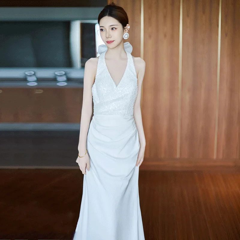 Легкое свадебное платье во французском стиле, атласное нишевое платье для невесты, элитное утреннее платье с лямкой на шее и открытой спиной, уличное платье с вуалью и воротником с пайетками