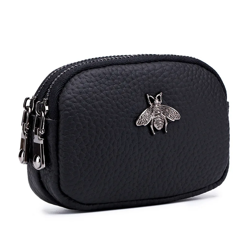 Western Genuine Lether Bee Design Double Zipper Women Wallet Cowhide Leather Coin Purse for Ladies