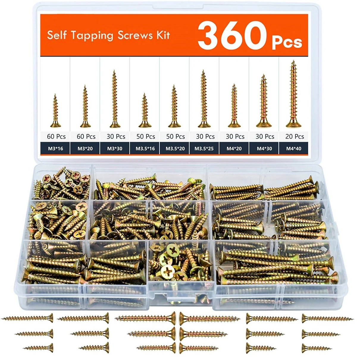 360Pcs Self-Tapping Wood Screws Set M3 M3.5 M4 Countersunk Head Screws for DIY Woodworking & Repair Projects Head for Chipboard