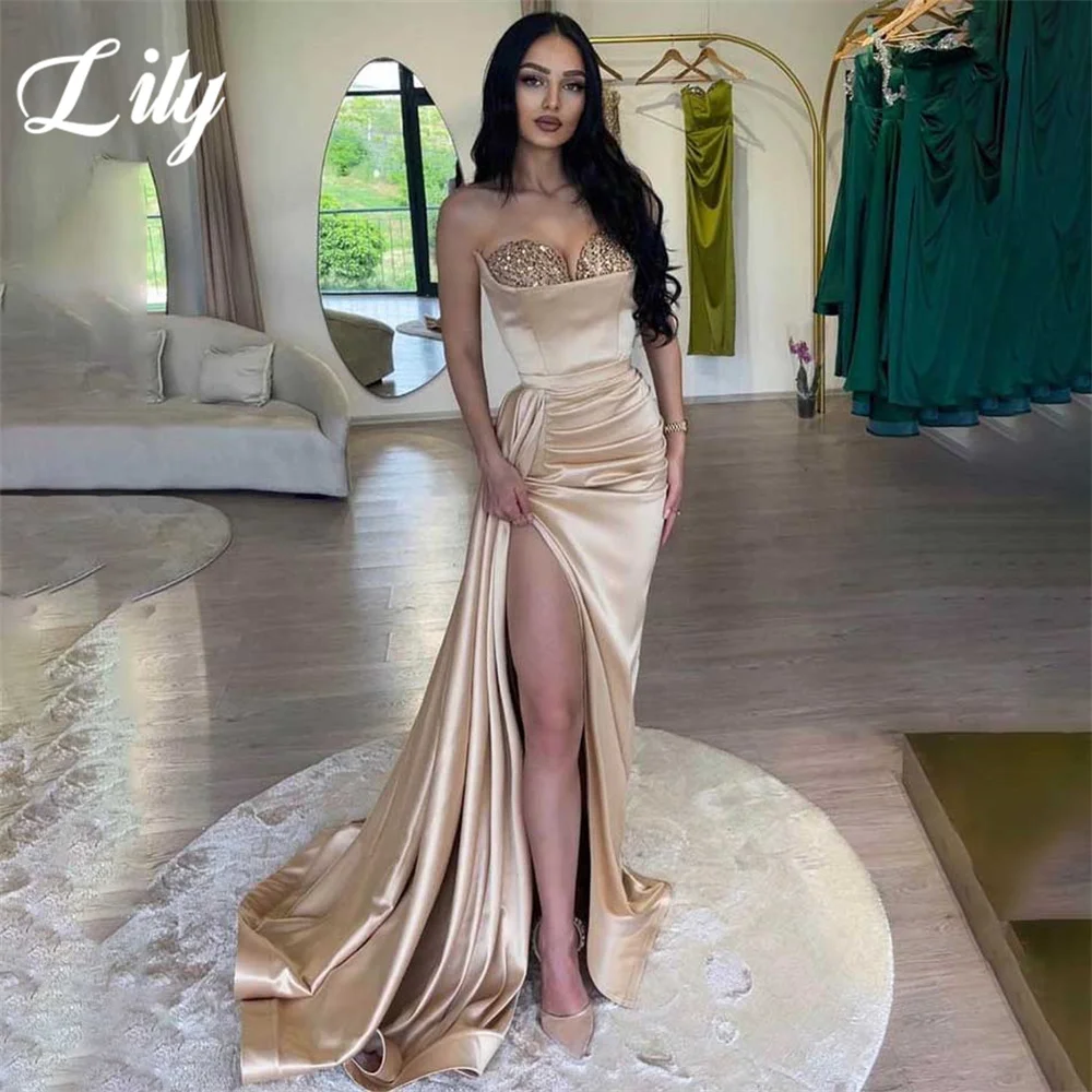 

Lily Champagne Mermaid Sexy Prom Dress Stain Sequins Celebrity Dress with Side Split Sleeveless Sweetheart Formal Gown 프롬 드레스