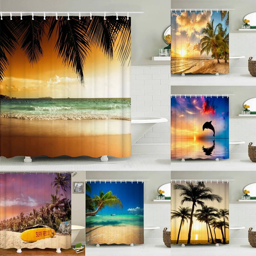 Sunset Dusk Beach Palm Tree Seaside Scenery Fabric Shower Curtain Waterproof Bath Curtains for Bathroom Decorate with 12 Hooks