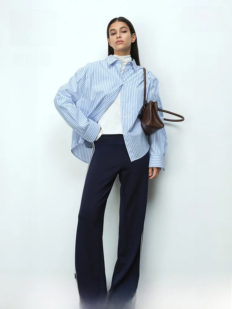 

H&M Women's Shirt Summer New Intellectual Striped Aesthetic Large Shape Silk Shirt Top Casual Style Loose Fit Long Sleeve Pol...