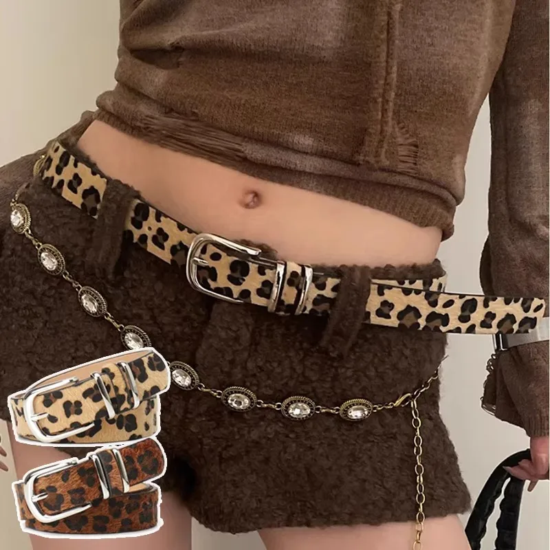 Y2K Retro Leopard Print Belt Fashionable Horsehair Belt With Leopard Pattern Gold Metal Buckle Hot Sales Pu Belt Accessories