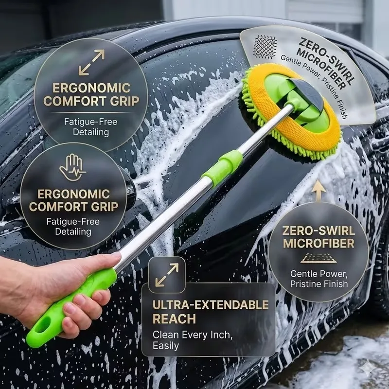 Escova de Limpeza Automotiva com Cabo Telescópico Longo, Ajustável e Super Absorvente, para Detalhes e Limpeza de Janelas