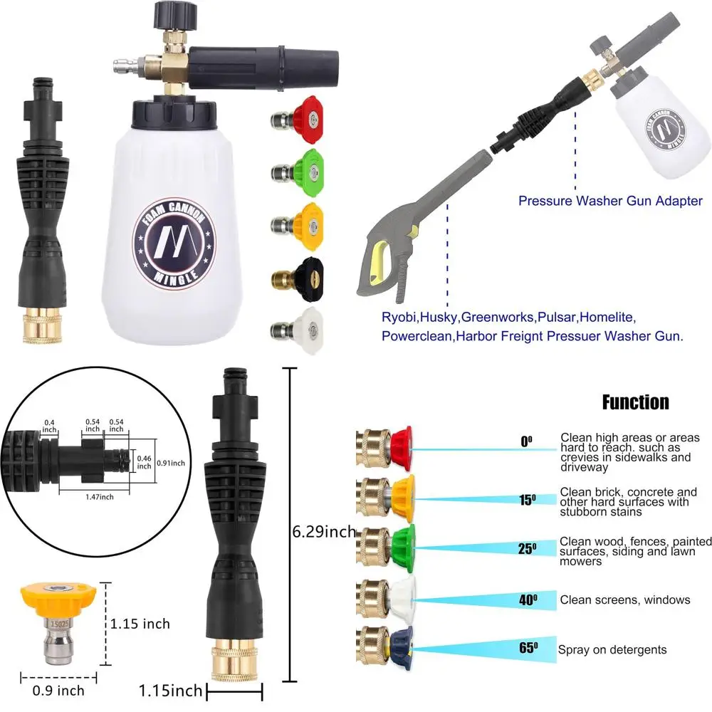 

Foam Cannon, Compatible with Portland Husky and Ryobi Pressure Washer, with 5 Nozzle Tips, 1/4 Inch Quick Connector