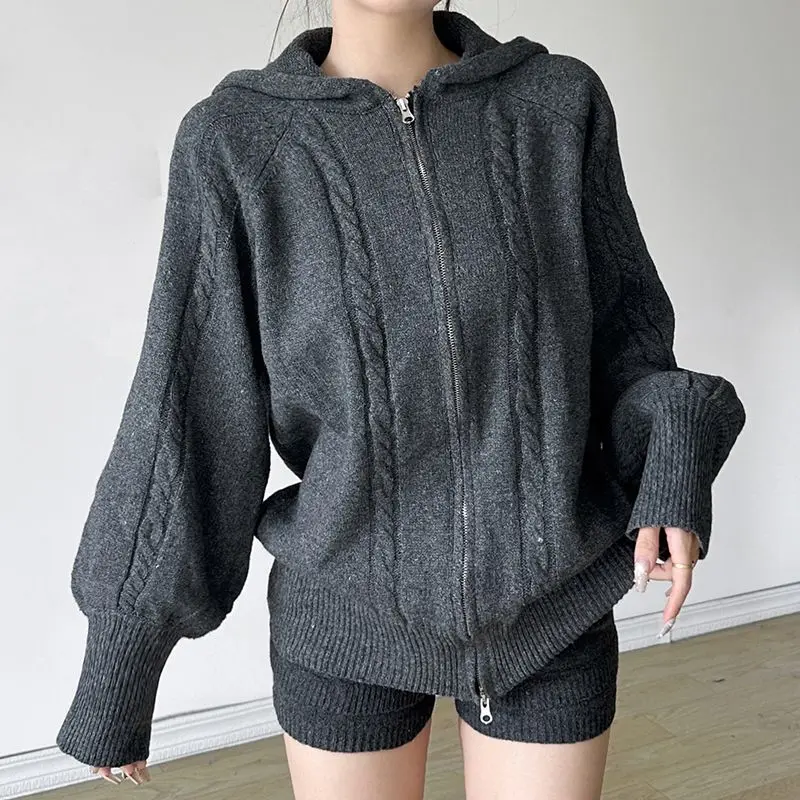 

Loose Knitted Hoodie Shorts Two-Piece Set Women Casual Long Sleeve Zipper Cardigan Tight High Waist Y2k Slim Hot Girl Loungewear