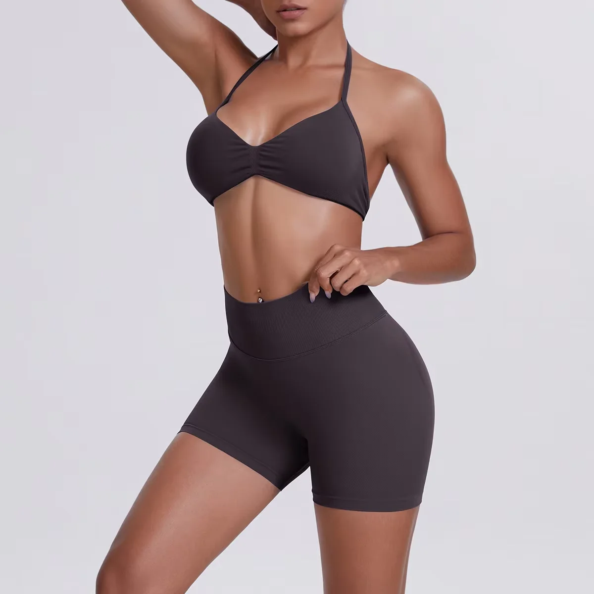 Women's High Waist Peach Booty Shorts Halter Backless Sports Bra Solid Color Yoga Set Breathable Lightweight Gym Outfit