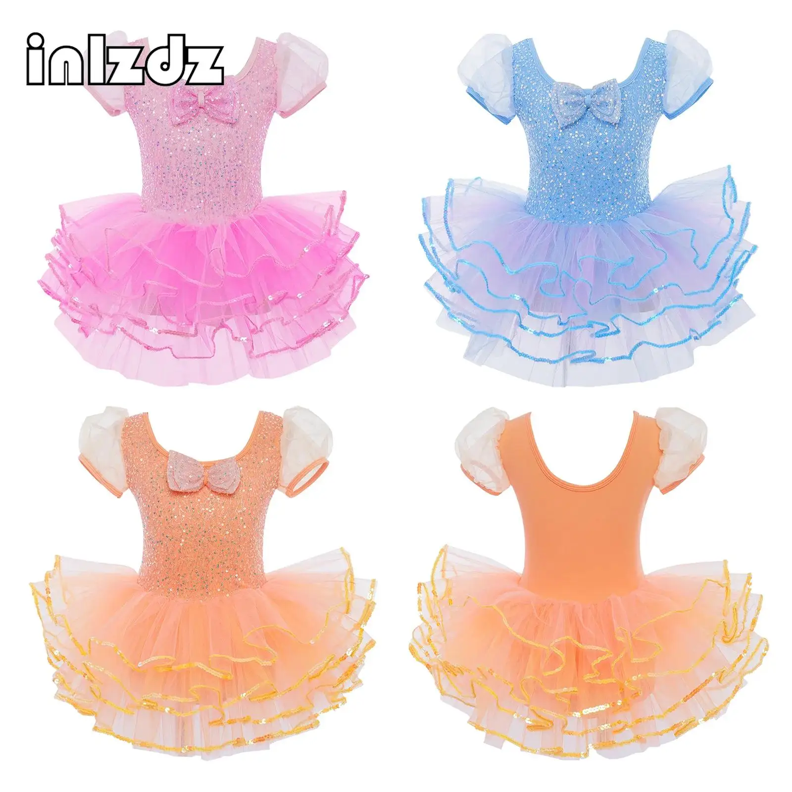 

Toddler Girls Shiny Sequins Ballet Tutu Dress Stage Performance Dancewear Short Puff Sleeves Bowknot Layered Ballet Dance Dress