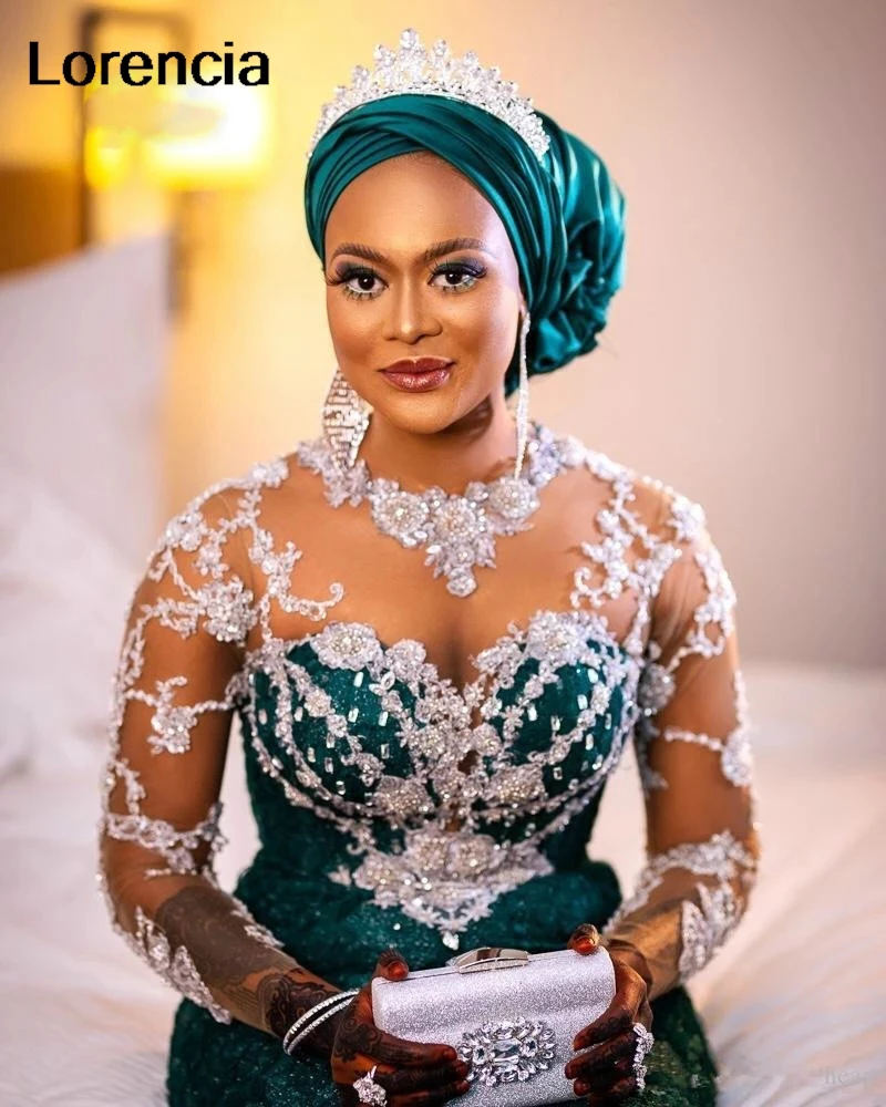 Lorensia Aso Ebi gaun Prom putri duyung hijau 2024 gaun malam Formal Arab Afrika Applique renda lengan panjang