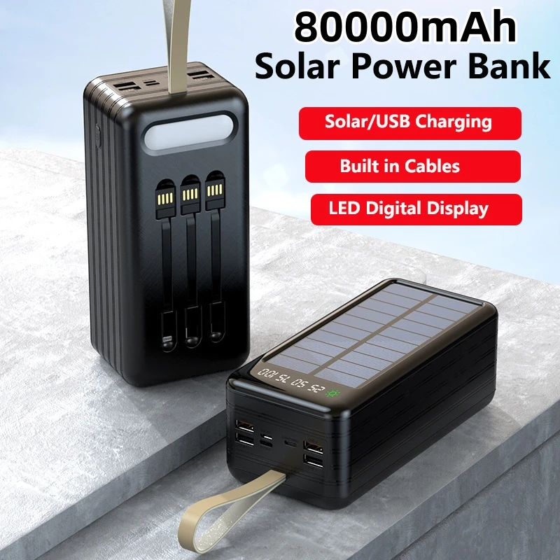 80000mAh Solar Power Bank Four USB for iPhone 15 Samsung Xiaomi Fast Charger Powerbank with Cable Portable Charger Spare Battery