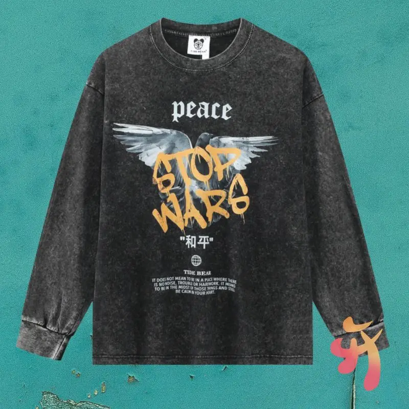 High Quality Cotton 2XL Sweatshirts Washed Black Stop War Peace Dove Print Roun Neck Pullover Men Women Kanye Long Sleeve Tops