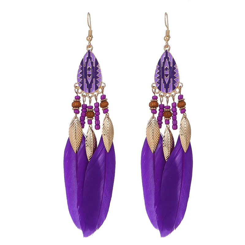 Böhmische lange Feder-Ohrringe für Frauen, klassische ethnische Retro-Temperament-Kette, Blatt-Perlen-Quasten-Ohrringe, Boho-Hochzeitsschmuck – Detail 31