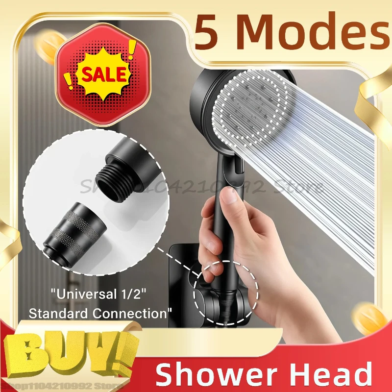 High-Pressure Handheld Shower Head with Stand and Hose - 5 Adjustable Water Flow Modes, Round Plastic Bathroom Accessory