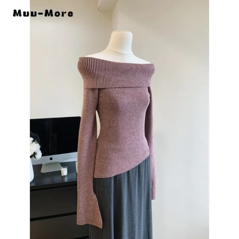 Fashion Simple Classical Knitted Sweater Boat Neck Off Shoulder Long Sleeve Pullovers Flare Sleeve Autumn Winter Y2K Streetwear