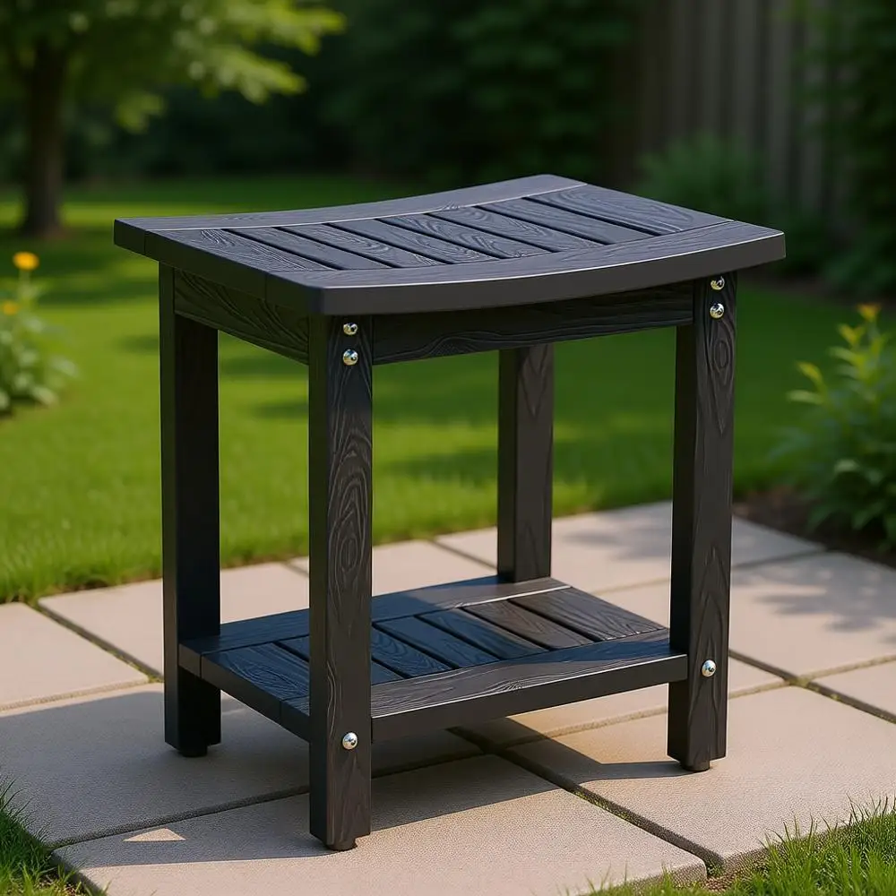 

Скамейка для душа с полкой для хранения, водонепроницаемая и устойчивая к погодным условиям, подходит для использования в помещении или на улице, черная