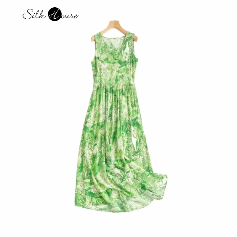 

2024 Women's Summer Casual New Retro Art 100% Natural Mulberry Silk Crepe De Chine Sleeveless Green Printed Dress