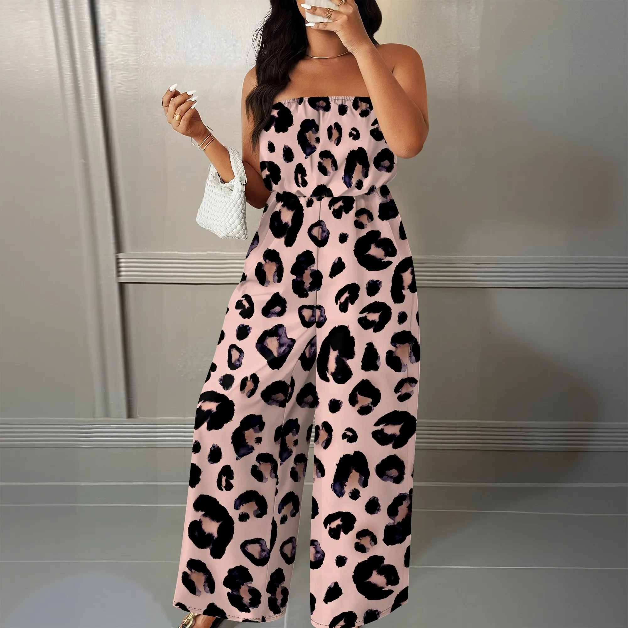 

Summer Strapless Jumpsuit for Women Plus Size African Print Casual Wide Leg Romper