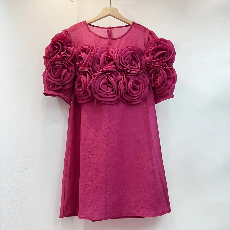 Robe en maille épissée à fleurs 3D pour femmes, patchwork de gaze, t-shirts floraux A-Line, poubelle éducative, été de luxe, 2024