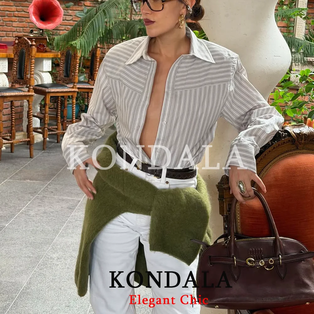 

Женская модная полосатая рубашка KONDALA, повседневная, на пуговицах, с завязками на талии, весна-лето 2026, для офиса, шикарная