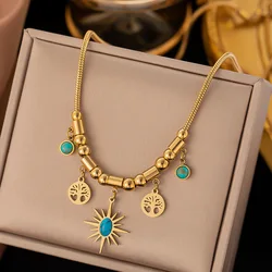 Waterproof Stainless Steel Turquoise Family Tree Of Life Necklace For Women Party Gift Trendy Jewelry Wholesale