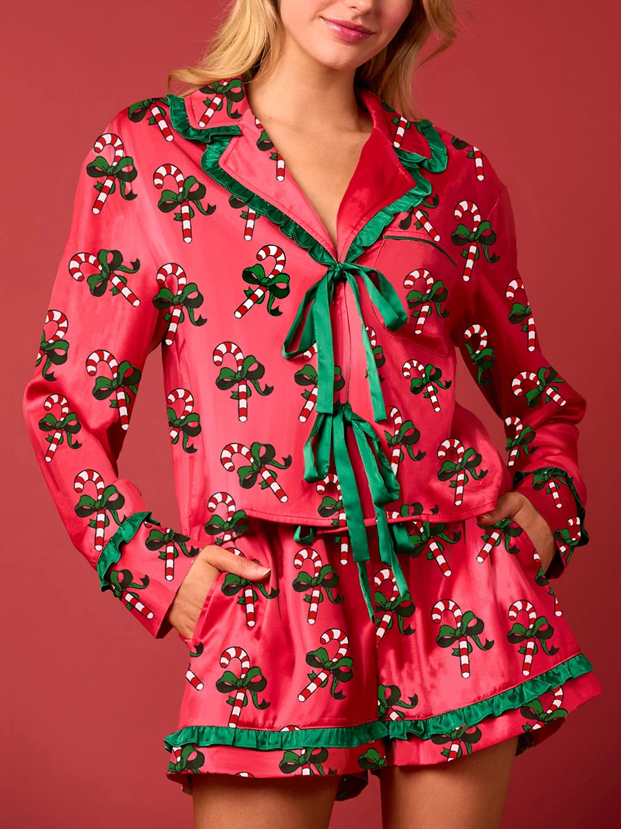 Women Christmas Pajamas Set 2 Pieces Loungewear Suits Candy Cane Cocktail Glasses Print Shirts Tops And Shorts Sleepwear Outfits