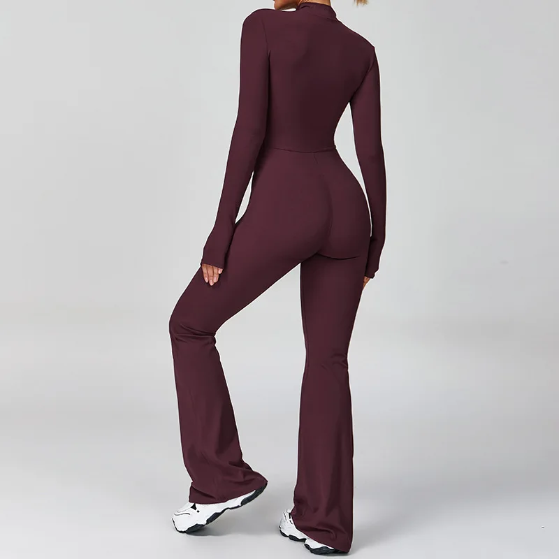 Women Tracksuit Zipper Flared Jumpsuits Yoga Suit One-Piece Sport Fitness Workout Set Stretch Bodysuit Gym Push Up Sportswear