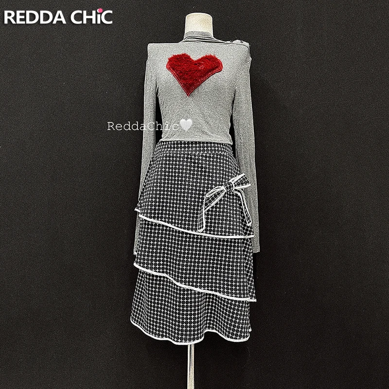REDDACHiC Color Block Ribbon Cake Skirt All Over Print Cross Elastic Waist Layered Ruffle Knee Long Skirt Vintage Women Clothes