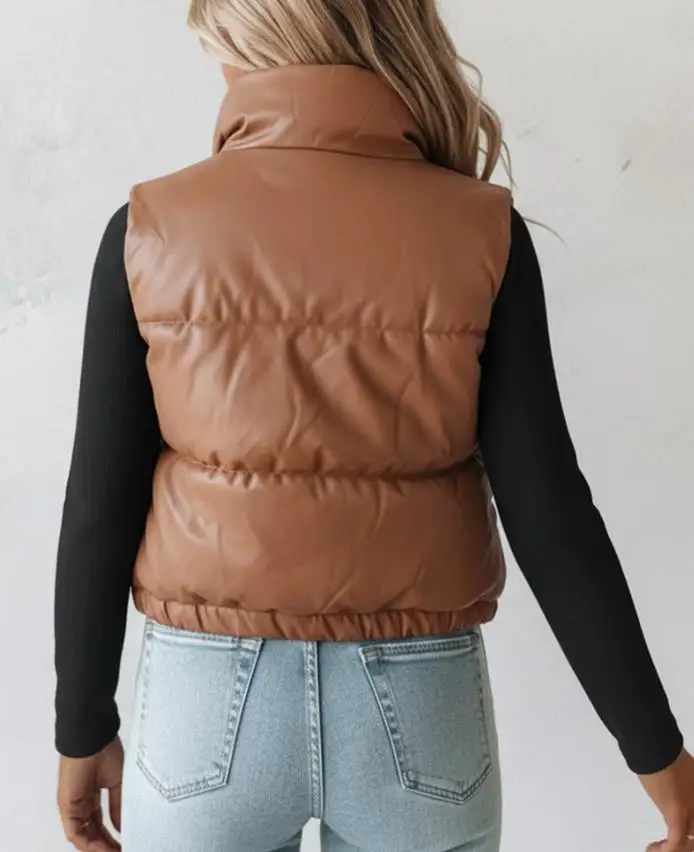

Women Vest 2025 Autumn Winter PU Leather High Neck Zip Up Double Snap Buttons Front Vest Casual Stretchy Hem Crop Padded Coat