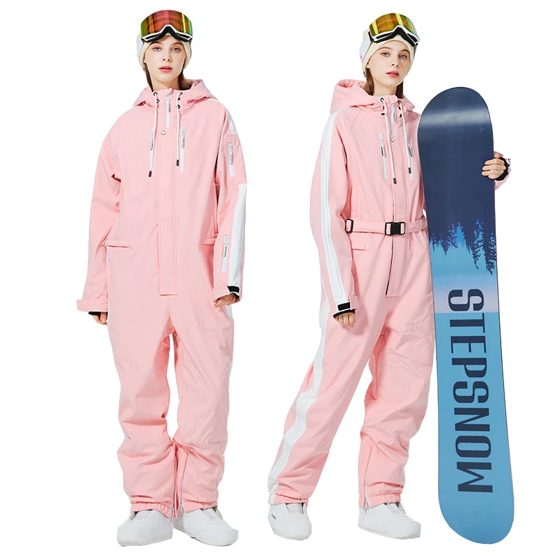 男性女性ワンピーススキージャンプスーツアウトドアスポーツスノーボードジャケット厚く暖かいスキースーツ防水冬服オーバーオールフード付き