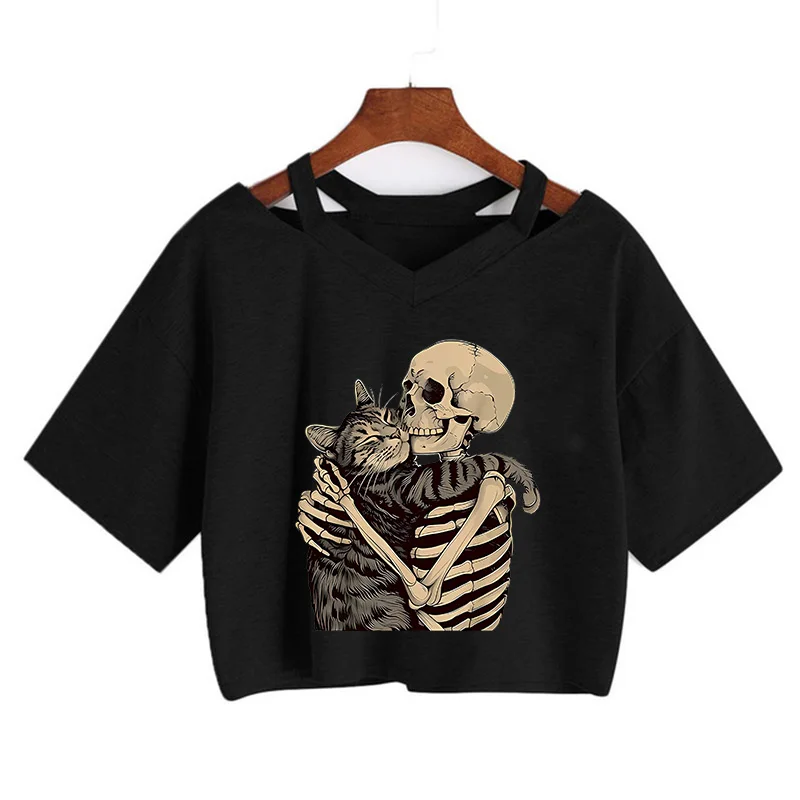 Halloween Totenkopf und Katzen-Print Crop-Top Sexy Bequemes Damen Kurzarm-Crop-Top T-Shirt Gothic Vintage Y2k Tees