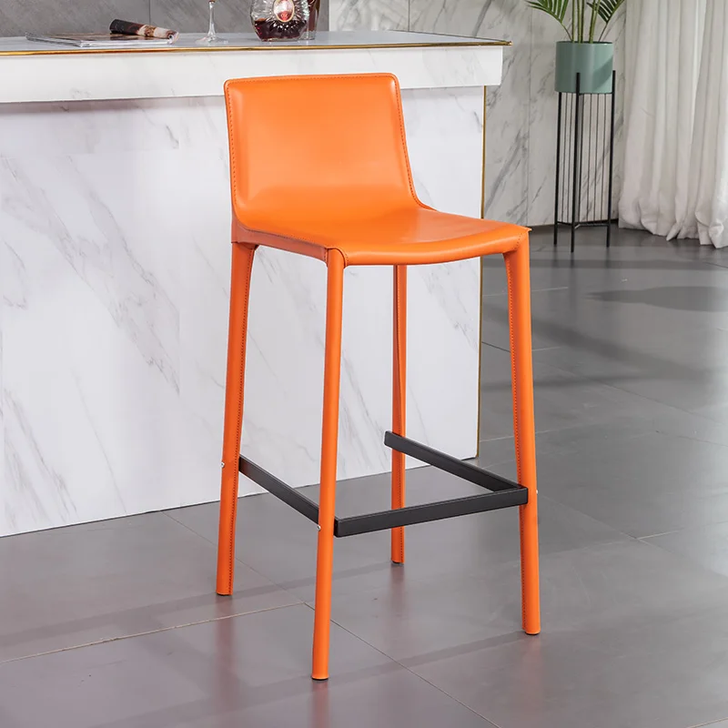 

Italian light luxury saddle leather bar stool; Nordic bar stool with modern minimalist backrest for home island counter
