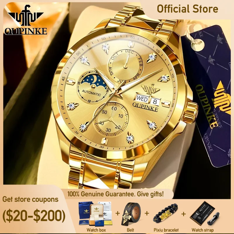 OUPINKE 3298 Mens Watch Original Automatic Mechanical Multifunctional Watch 50M Reloj Waterproof Luminous Watches Luxury Men