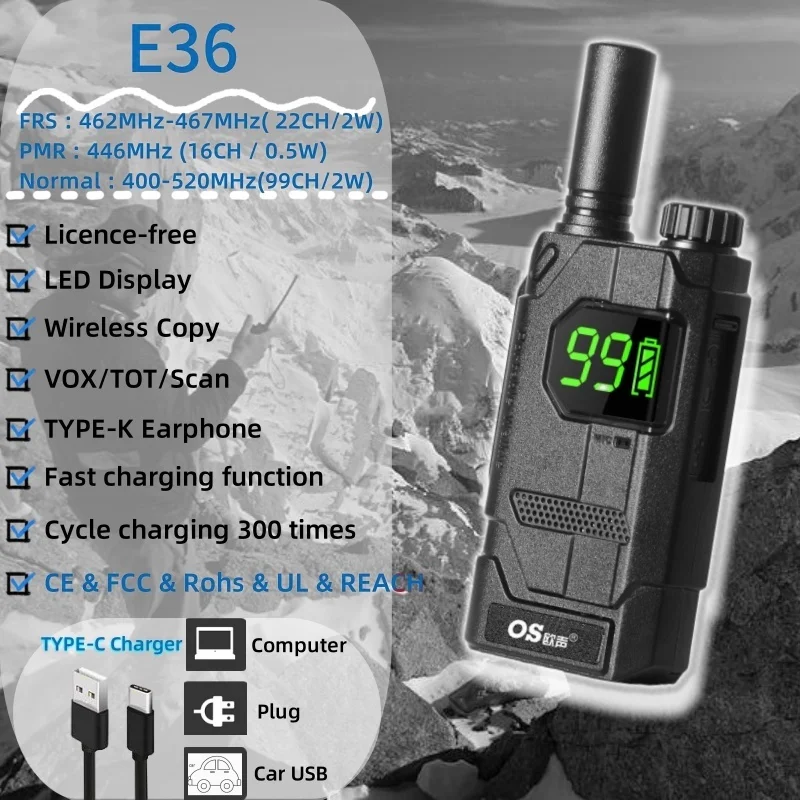 Mini LED Display Radio License Free FRS462-467MHz PMR 446mhz Walkie Talkie E36 Passed FCC CE RoHS REACH Handheld Two Way Radio