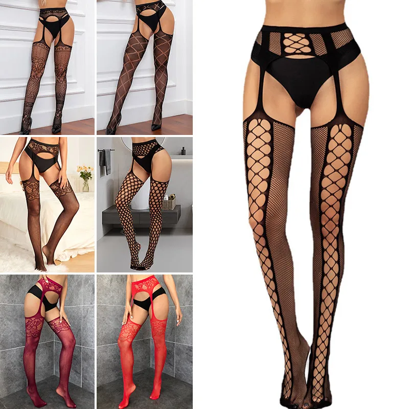 Fashion Women Pantyhose Fishnet Socks Stockings With Garter Belt Thigh-High Suspender Black Sexy Hosiery Black Pantyhose