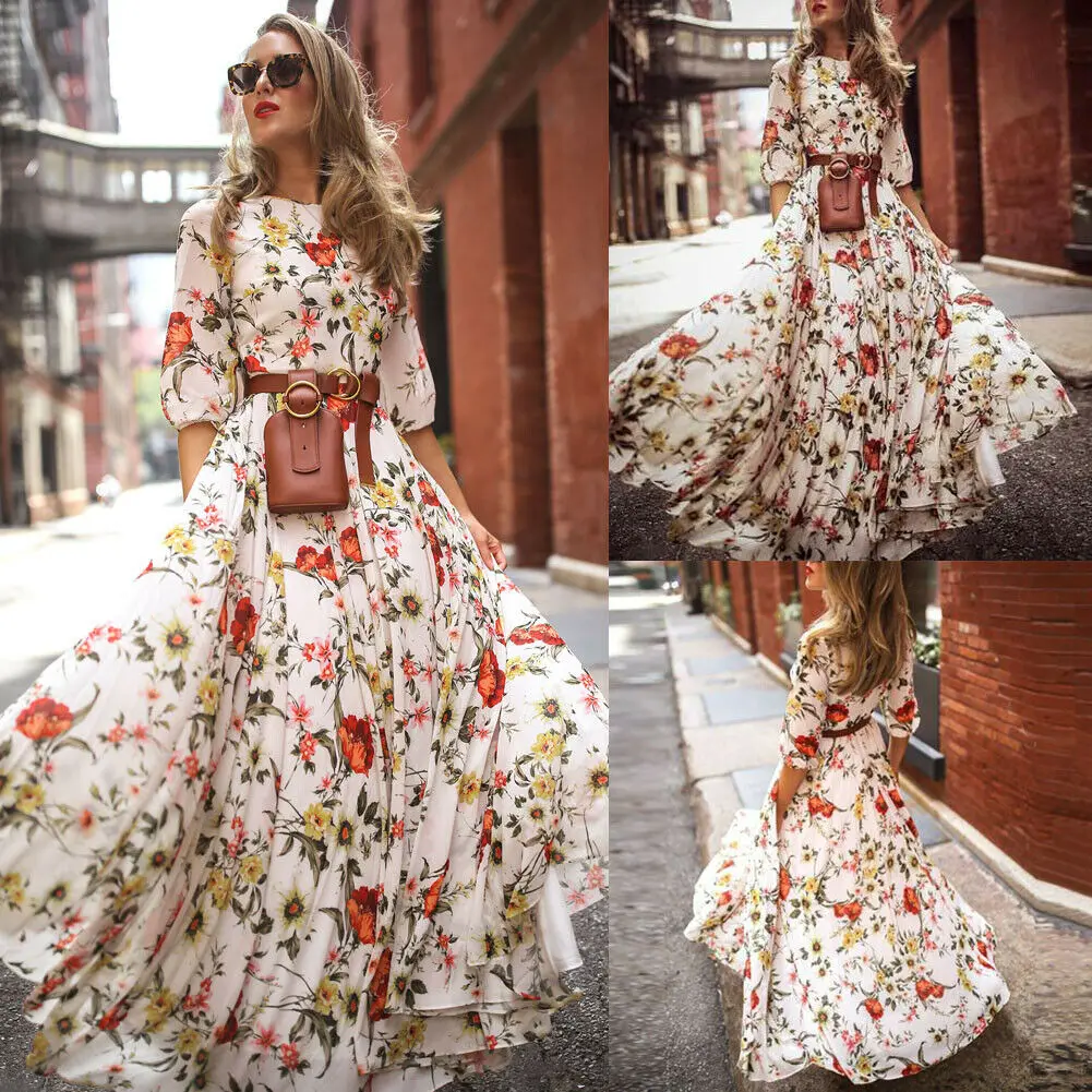 Summer Boho Floral Long Dress Women Round Neck Nine-point Sleeve Sexy Dress Fashion Weekend Beach Party Dresses Female