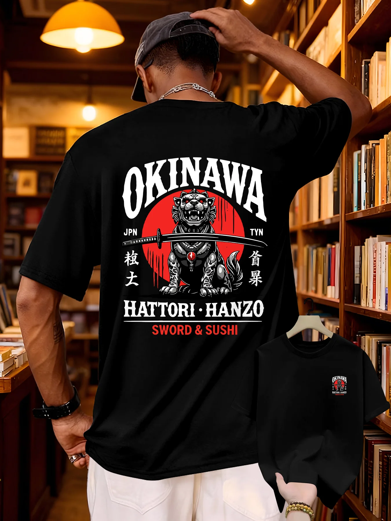 Men's casual T-shirt front and back graphic elements: OKINAWA HATTORI HANZO lion samurai sword pattern  mens t shirts