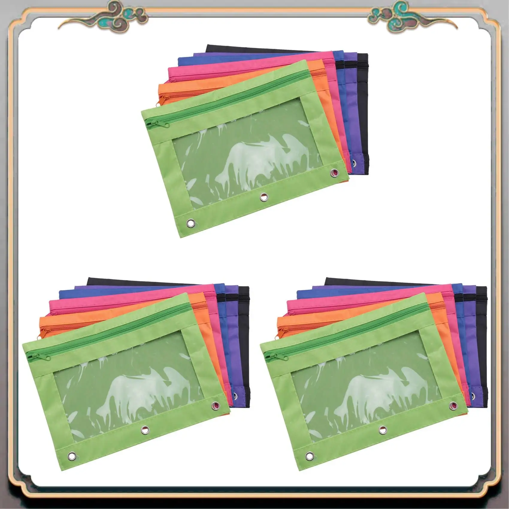 A46M-18 Pieces Ring Binder Pouch Pencil Bag With Holes 3-Ring Zipper Pouches With Clear Window (6 Colors)