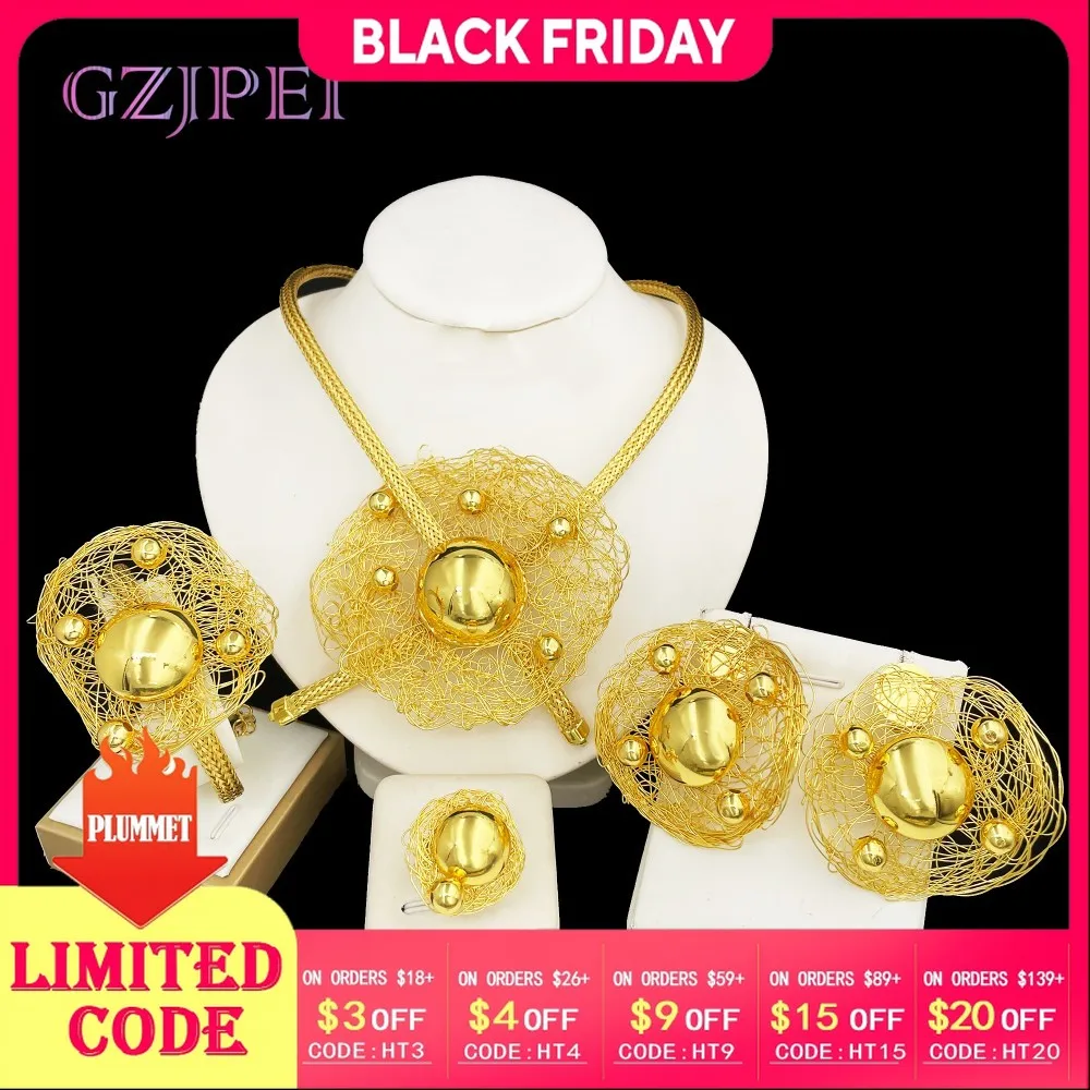 

GZJPEI 2025 New Handmade Women Jewelry Set Fashion Statement Big Necklace Bracelet Earring Ring 18K Gold Plated Party Gifts