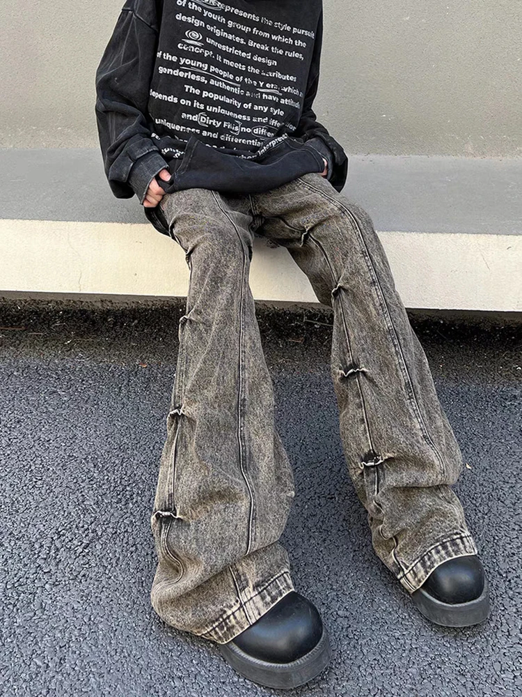 REDDACHIC جينز عتيق مغسول Pintuck مضيئة للرجال يفعل قديمًا منخفض الارتفاع Pintuck Ruched واسع من قيعان جرس من قماش الدنيم Y2k Harajuku ملابس الشارع