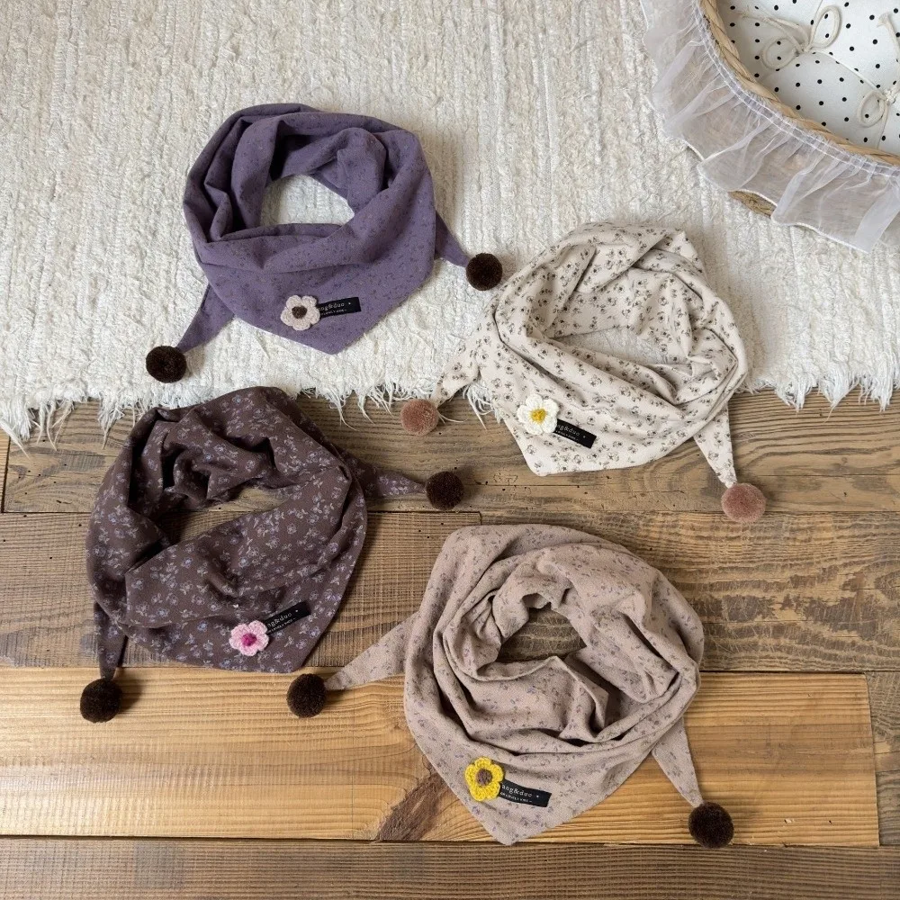 Cute 3D Floral Kid Triangle Scarf Soft Skin-Friendly Double Pom Pom Neck Warmer Windproof Cozy Neckscarf Fall