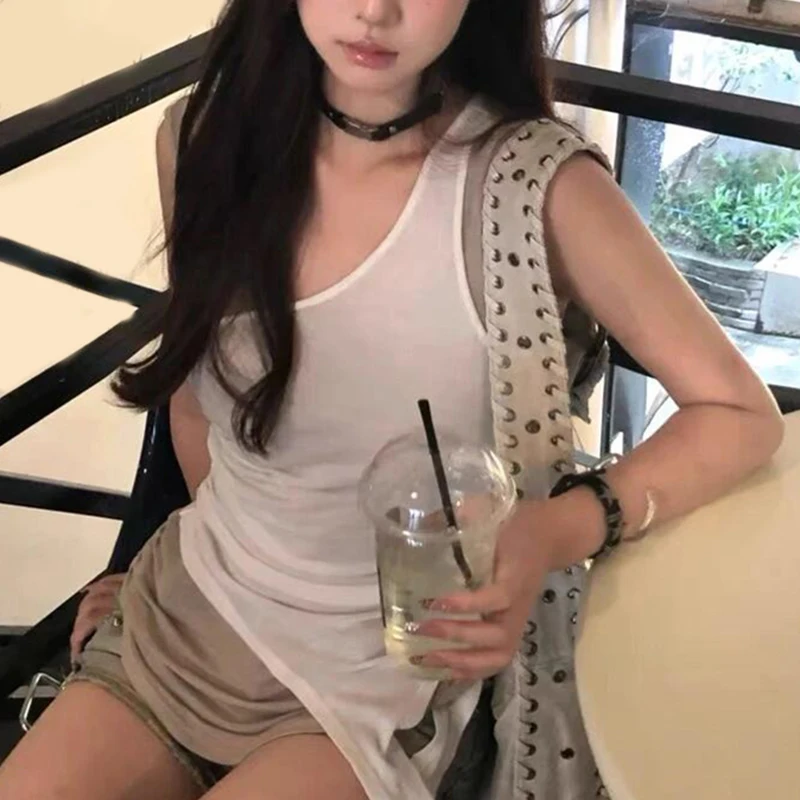 Gilet dal design falso in due pezzi Top Y2K senza maniche irregolari a strati estivi da donna