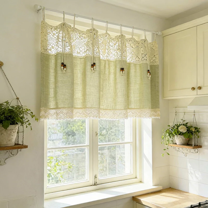 1PC Boho Style Hollow-out Crochet Lace Short Curtain Retro Green Imitation Linen Cafe Curtain Tie Top for Living Room Kitchen